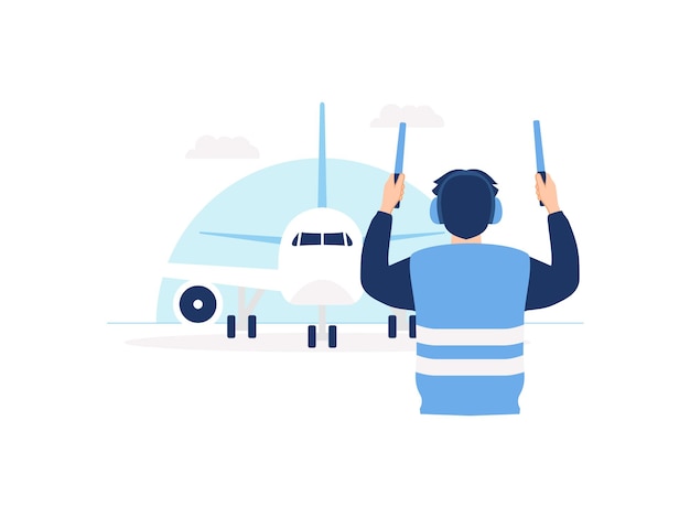 Marechal da aviação da tripulação em solo vestindo colete de sinalização do avião para a ilustração do conceito do aeroporto