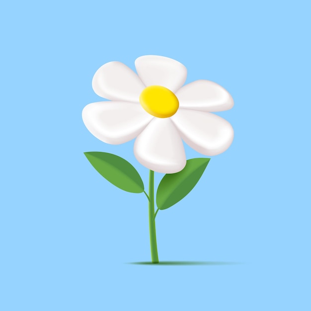 Margarida branca 3d ou flor de camomila com folhas em pano de fundo azul