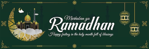 Vetor marhaban banner ya ramadhan feliz jejum