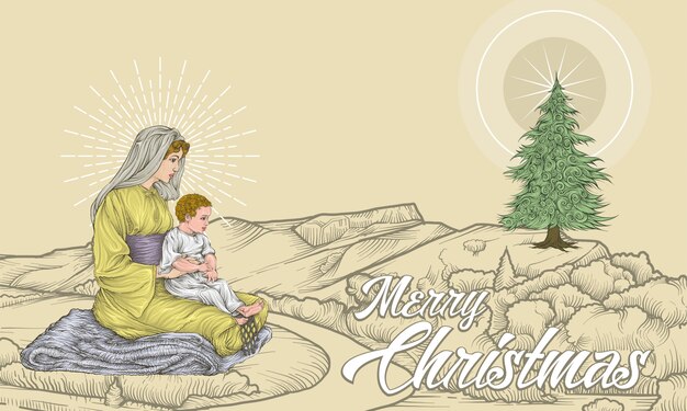 Maria e o menino Jesus sentado na paisagem com estrela e árvore de Natal