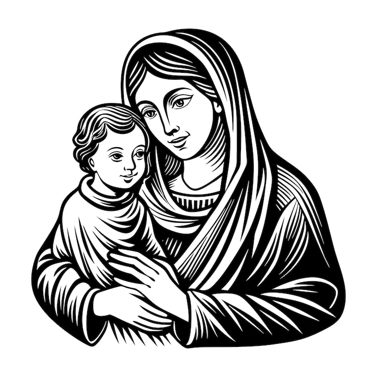 Vetor maria segurando um bebê jesus em svg em preto e branco