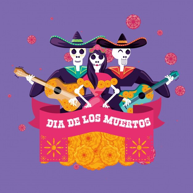 Mariachi e catrina caveiras dia da festa dos mortos