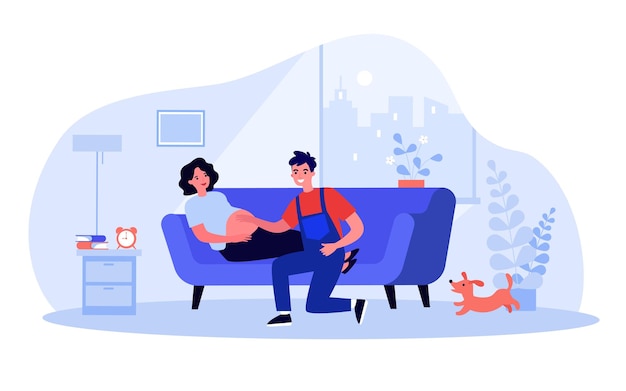 Marido feliz tocando a barriga da esposa grávida. futuros pais na sala de estar, mulher deitada no sofá ilustração vetorial plana. gravidez, conceito de família para banner, design do site ou página inicial da web