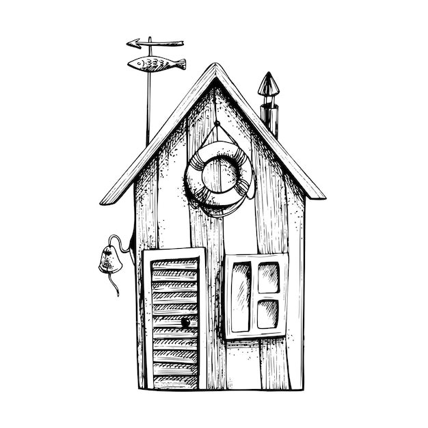 Marine casinha de um pescador Objeto isolado desenhado à mão em técnica gráfica Ilustração vetorial para decoração e design de verão náutico e praia