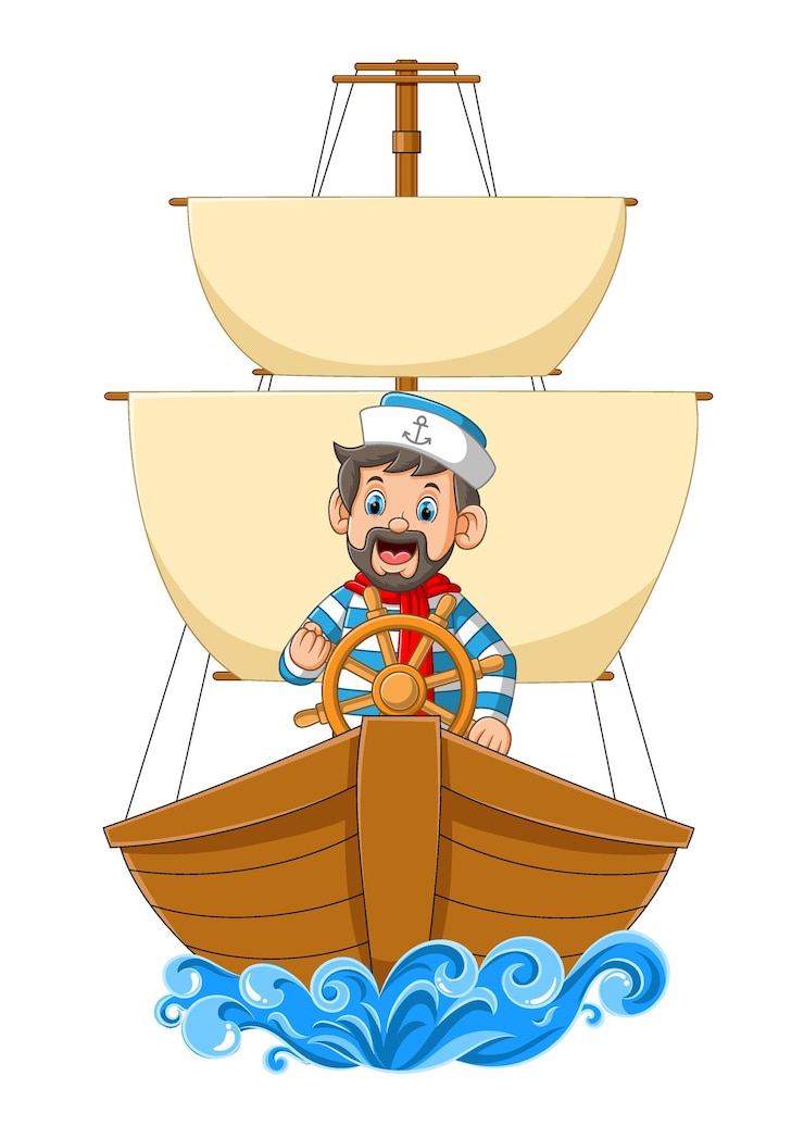 Vetor marinheiro mestre dirigindo o grande navio na ilustração do oceano