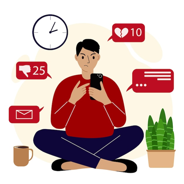 Marketing de mídia social e crescimento de audiência. Homem bravo sentado com o celular e navegando na rede. Receba simpatia e corações. Vetor
