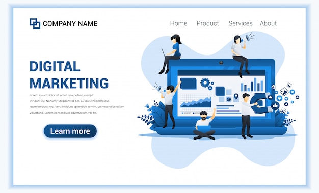 Marketing digital com personagens. Pode usar para banner da web, estratégia de conteúdo, infográficos, página inicial, modelo da web. Ilustração plana