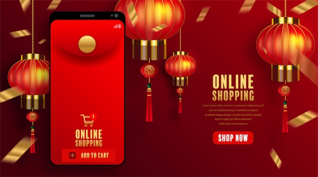 Marketing digital do conceito de compras online no site e aplicativo móvel. fundo chinês.