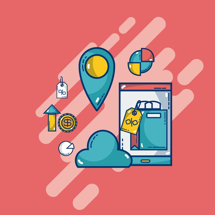 Vetor marketing digital e compras conjunto de elementos e símbolos