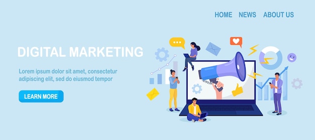 Marketing digital Mão segurando o megafone saindo do laptop Análise de negócios Estratégia e gerenciamento de conteúdo Publicidade Comunicação de campanha de mídia social SEO