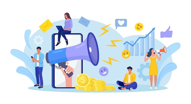 Marketing digital Mão segurando o megafone saindo do telefone Análise de negócios Estratégia e gerenciamento de conteúdo Publicidade Comunicação de campanha de mídia social SEO