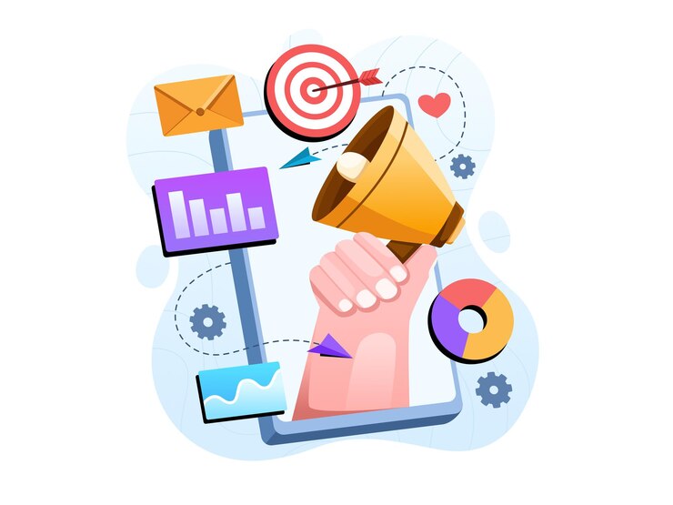 Vetor marketing digital móvel com uma mão segurando um megafone para representar a promoção