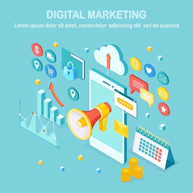 Marketing digital. telefone móvel isométrico, smartphone com dinheiro, gráfico, pasta, megafone, alto-falante, megafone. Publicidade de estratégia de desenvolvimento de negócios. Análise de mídia social