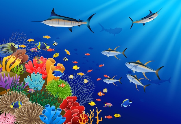 Marlin azul nadando debaixo d'água Ilustração vetorial de personagens de desenhos animados