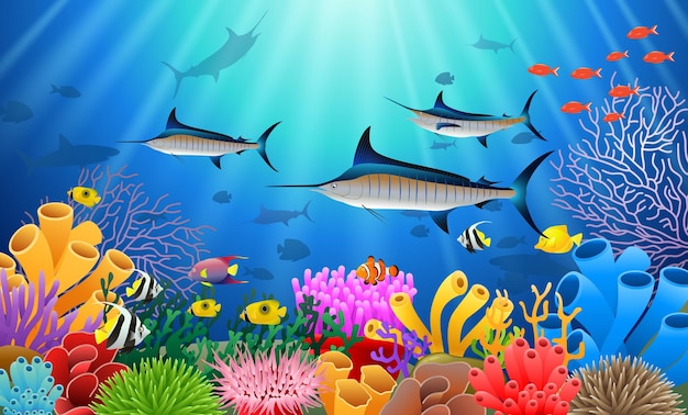 Marlin azul nadando debaixo d'água Ilustração vetorial de personagens de desenhos animados