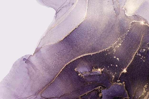 Mármore roxo com listras douradas em tinta álcool. Fundo aquarela preto violeta luxuoso com pinceladas de ouro. Ilustração em vetor de design cinza aquarela arte para convite de casamento.