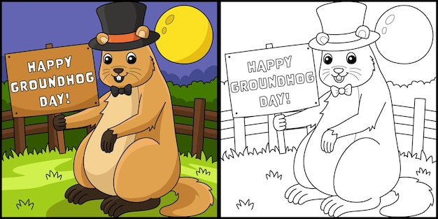 Marmota com ilustração de página para colorir de chapéu