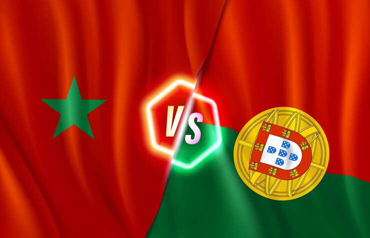 Vetor marrocos versus portugal modelo de tabela de pontuação ilustração em vetor 3d com rótulo neon