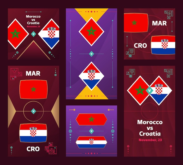 Marrocos vs Croácia Match World Football 2022 banner vertical e quadrado definido para mídia social 2022