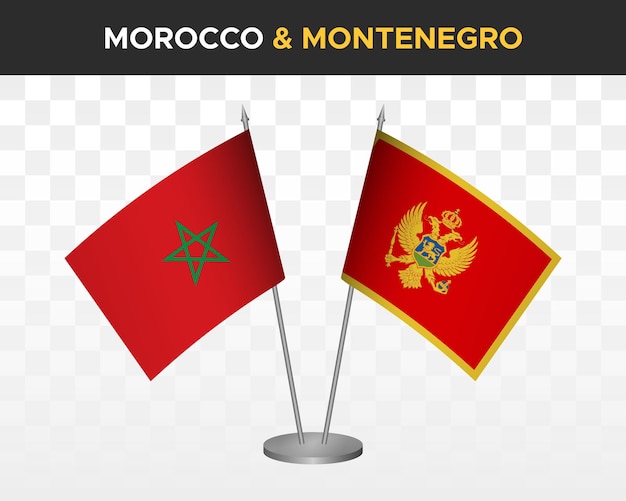 Marrocos vs montenegro maquete de bandeiras de mesa isolada ilustração vetorial 3d bandeiras de mesa marroquina