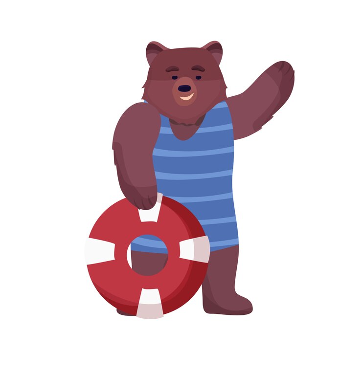 Vetor marrom de caráter animal, urso de salva-vidas em fato de banho, terno de vida e bóia salva-vidas em um fundo branco.