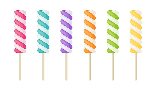 Vetor marshmallow espiral no palito de bala com listras coloridas conjunto de desenhos animados de vetor