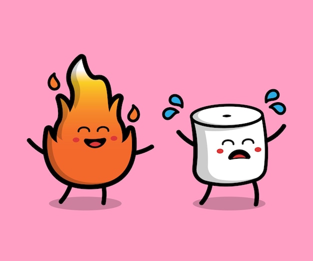 Marshmallow fofo e fogo dos desenhos animados do ícone do vetor ilustração comida personagem ícone conceito