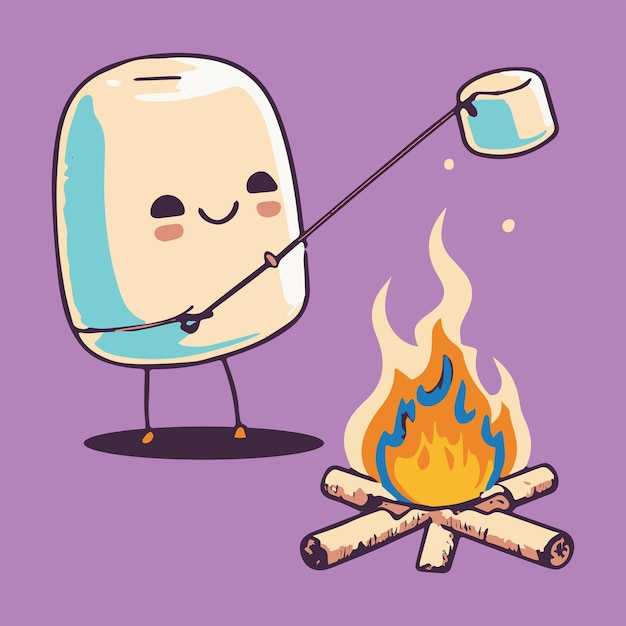 Marshmallow grelhando um marshmallow vetor de desenho animado divertido de rabisco fofo comendo perto de uma fogueira