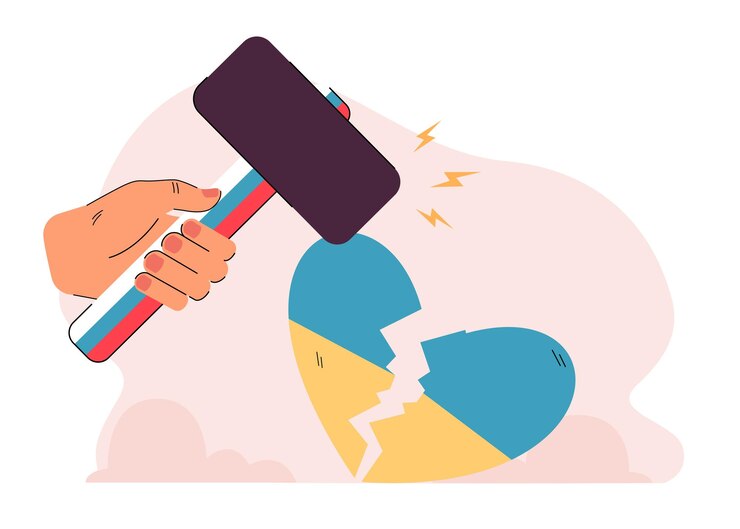 Vetor martelo com punho da bandeira russa, quebrando o coração ucraniano. coração partido em ilustração vetorial plana de cores azuis e amarelas. danos, conceito de luta para banner, design de site ou página da web de destino