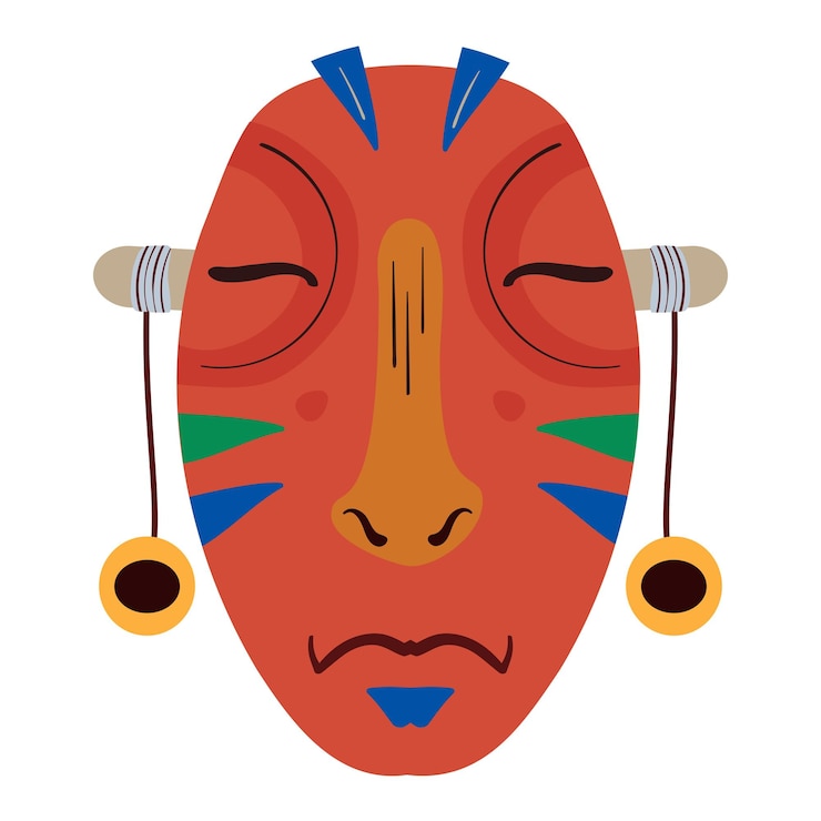 Vetor máscara africana de madeira com olhos fechados em estilo ingênuo plano
