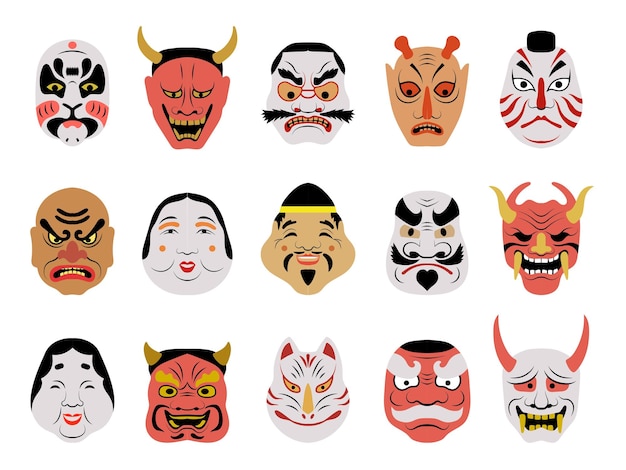 Máscara asiática salão de tatuagem rosto retratos autênticos japoneses arte corporal de mulher colorida máscaras teatrais lobo e raposa conjunto de fotos vetoriais recentes