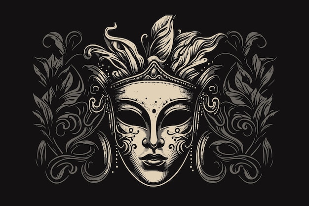 Máscara de carnaval Máscara colorida de carnaval em penas Cor preta em estilo de esboço Ilustração em vetor