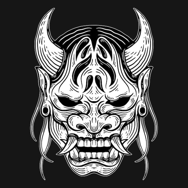 Máscara de Diabo Japonês Arte Negra Crânio Desenhado à Mão Estilo de Incubação