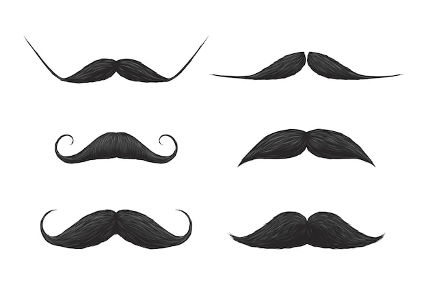 Máscara de hipster preta cacheados em linha reta bigodes silhueta rosto. conjunto de disfarce humano facial com ilustração em vetor bigode cavalheiro elegante, elegante ou engraçado isolado no fundo branco