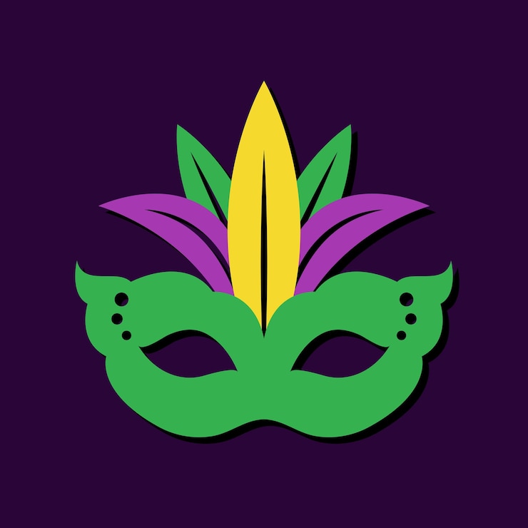 Vetor máscara de mardi gras com elementos de design vetorial de penas em um fundo roxo escuro