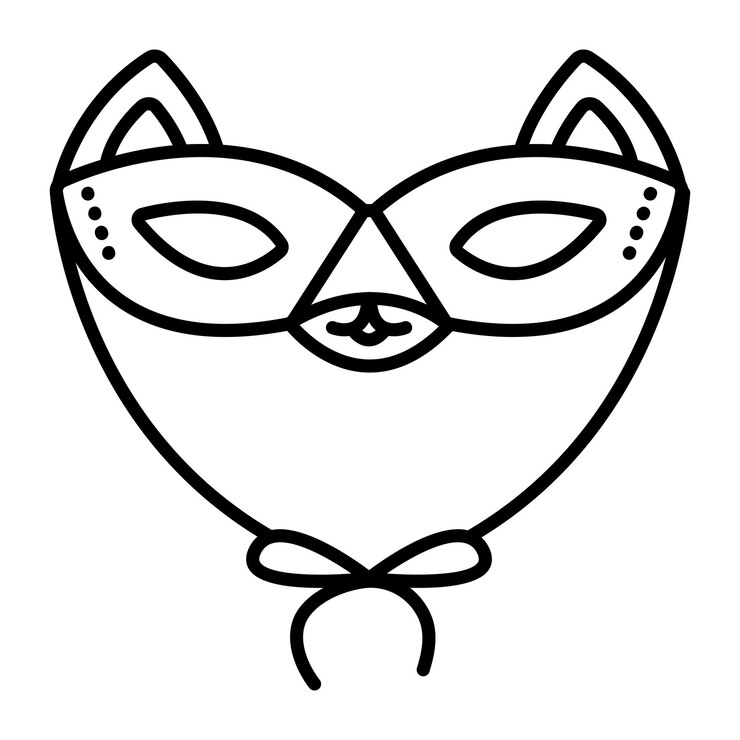 Vetor máscara de olho de mascarada de gato com gravatas ilustração de linha preta de carnaval bonito