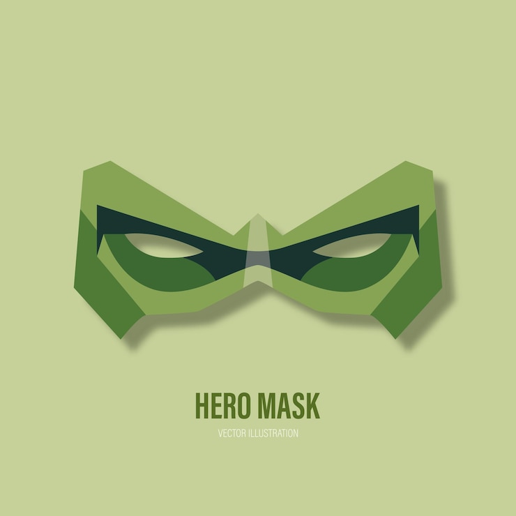 Vetor máscara de super-herói verde vetorial em estilo plano em fundo verde caracter de personagem de super-heroe desenho de máscara de quadrinhos template super-heroe óculos de carnaval visão frontal