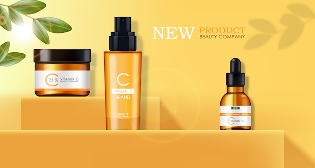 Máscara de vitamina C, conjunto de creme e soro, empresa de beleza, frasco de cuidados com a pele, pacote realista e citros frescos, essência do tratamento, cosméticos de beleza, fundo amarelo