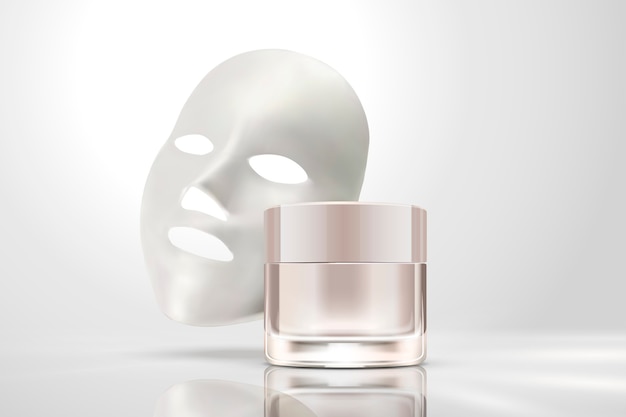 Vetor máscara facial com frasco de creme isolado em fundo branco pérola