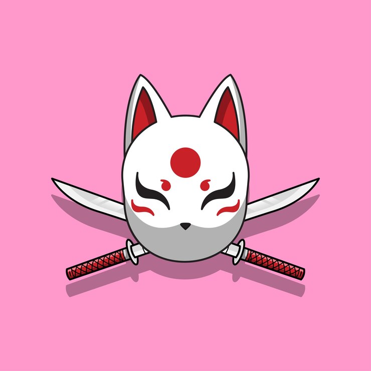 Vetor máscara japonesa de kitsune com ilustração vetorial de espada katana