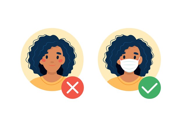 Máscara necessária. Nenhuma entrada sem usar máscara. Mulher negra com e sem máscara médica.