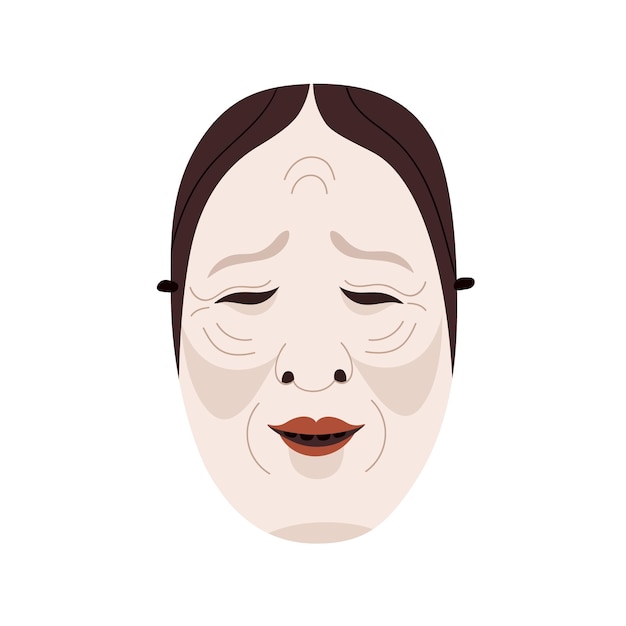Vetor máscara noh japonesa de rosto onna, cabeça de mulher com emoções. personagem de teatro kabuki do japão para o festival folclórico asiático. ilustração em vetor gráfico plana oriental isolada no fundo branco.