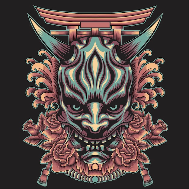 Máscara Oni com ilustração de ornamento japonês