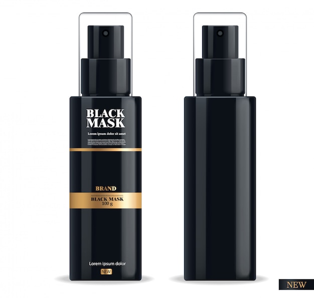 Máscara preta realista, pacote 3d preto isolado, cosméticos de marca, design de máscara facial de carvão, ilustração de produtos de beleza
