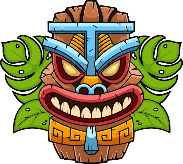 Máscara Tiki colorida com esculturas tribais e folhas tropicais Ilustração de arte polinésia havaiana