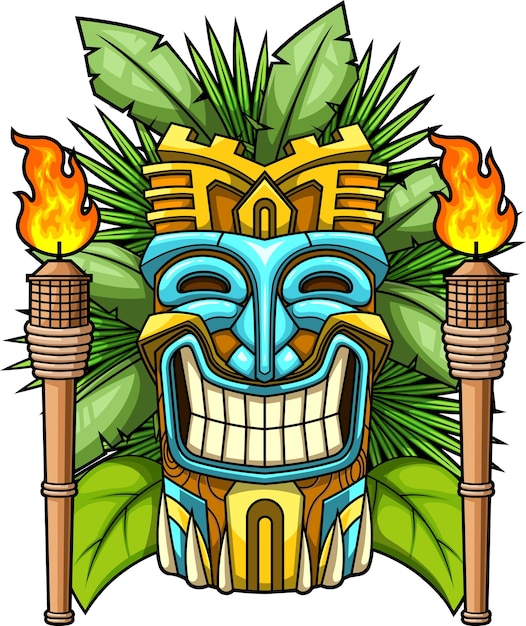 Máscara Tiki colorida sorridente com folhas da selva e tochas de fogo