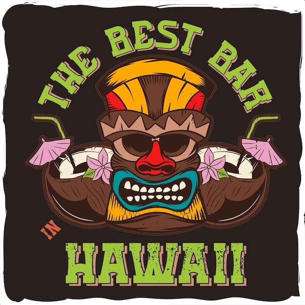 Vetor máscara tiki havaiana com a frase 'the best bar hawaii'