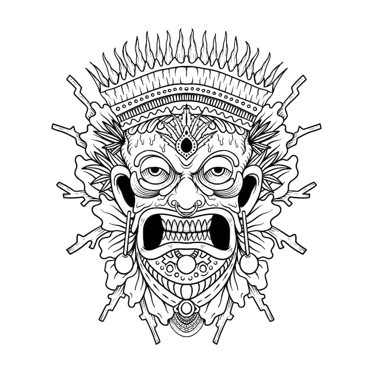 Vetor máscara tribal havaiana tradicional tiki com rosto humano e fogo aceso símbolo do totem de madeira