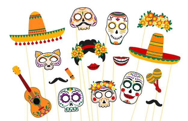 Máscaras de cabine fotográfica mexicanas com adereços
