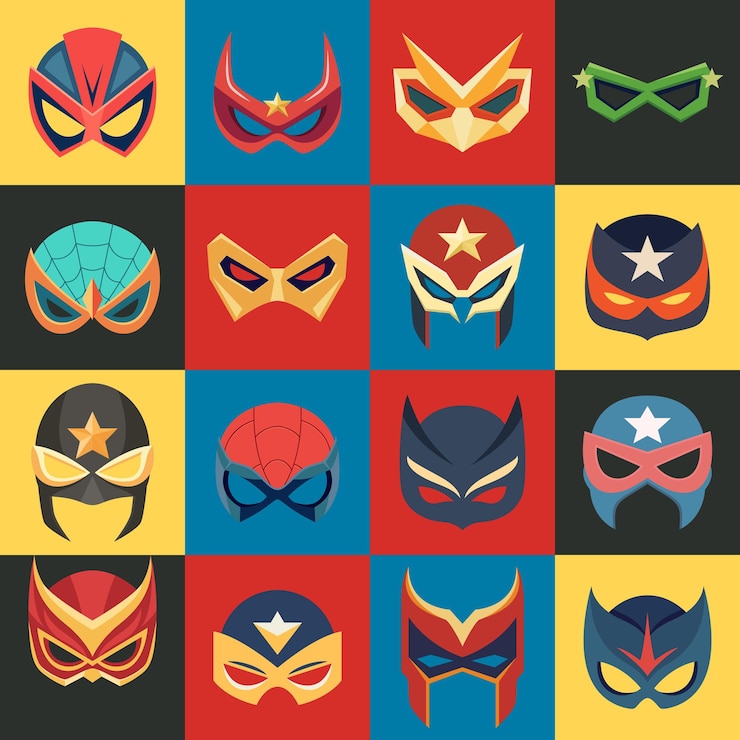 Vetor máscaras de super-herói vetoriais em estilo plano caracter de personagem super-herói coleção de máscaras de quadrinhos super-heróis fotografia props mulheres e homens máscaras óculos de carnaval